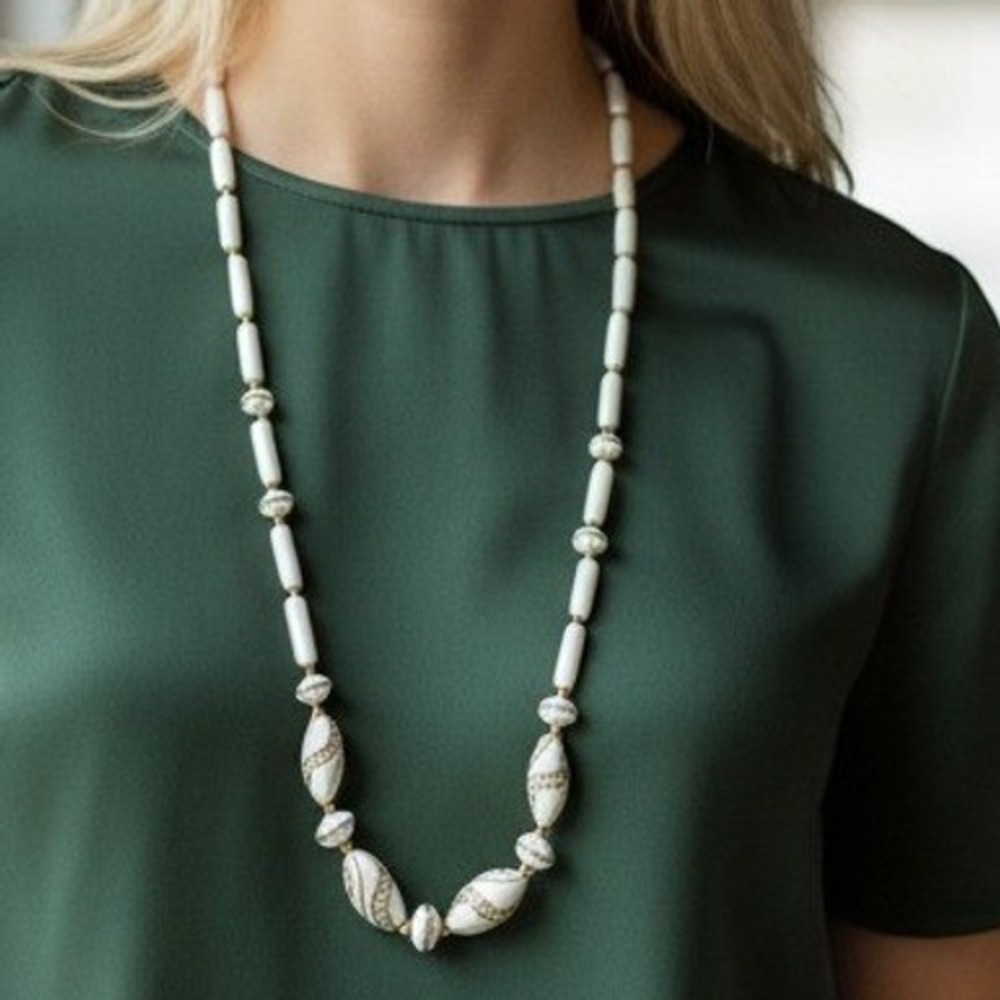 Vintage Cream Gold Beaded 70s Necklace Carved Tube Bead Strand Barrel Clasp